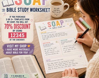 Puede incluir: Una hoja de trabajo de estudio bíblico SOAP impresa en papel, con secciones para Escritura, Observación, Aplicación y Oración. La hoja incluye encabezados coloridos, un icono de libro pequeño y texto escrito a mano. Hay una Biblia abierta.