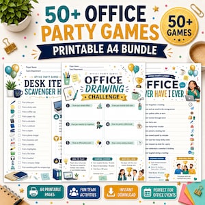 Puede incluir: Un paquete imprimible en formato A4 de más de 50 juegos para fiestas de oficina que incluye tres hojas de juego tituladas Desk Item Scavenger Hunt, Office Drawing Challenge y Office Never Have I Ever, decoradas con ilustraciones coloridas de globos, trofeos y material de oficina.