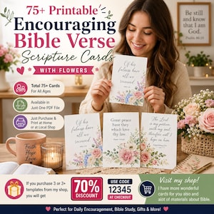 Puede incluir: Una colección de más de 75 tarjetas de escrituras imprimibles con ilustraciones florales y versículos bíblicos. Las tarjetas muestran textos como Of his fullness have all we received, Great peace have they which love thy law.