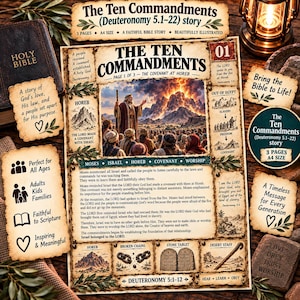 Puede incluir: Una hoja educativa impresa titulada The Ten Commandments Deuteronomy 5.1-22 story, que presenta una ilustración central de Moisés ante una multitud y una montaña en llamas. La página incluye texto, bocetos históricos y bordes decorativos en papel pergamino.