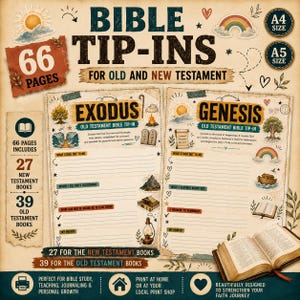May include: A digital collection of 66 Bible tip-in pages for Old and New Testament study. The set includes 39 Old Testament and 27 New Testament templates featuring illustrations like rainbows, trees, and lanterns, with A4 and A5 size options.