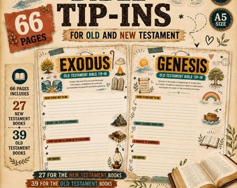 May include: A digital collection of 66 Bible tip-in pages for Old and New Testament study. The set includes 39 Old Testament and 27 New Testament templates featuring illustrations like rainbows, trees, and lanterns, with A4 and A5 size options.