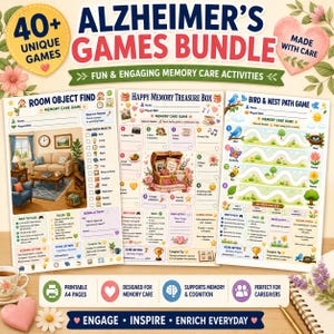 May include: A digital bundle of printable Alzheimer's games featuring three activity sheets titled Room Object Find, Happy Memory Treasure Box, and Bird & Nest Path Game. The pages include colorful illustrations, instructional text, and scoring sections for memory care activities.