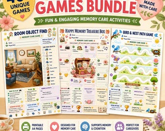 Può includere: Un pacchetto digitale di giochi stampabili per l'Alzheimer che include tre fogli di attività intitolati Room Object Find, Happy Memory Treasure Box e Bird & Nest Path Game. Le pagine contengono illustrazioni colorate, testo informativo e sezioni di punteggio.