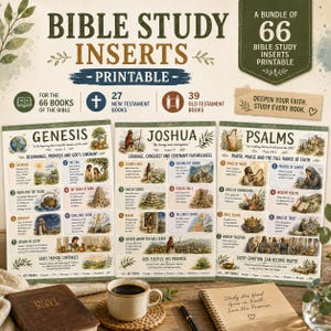 May include: A bundle of 66 printable Bible study inserts featuring three illustrated sheets for Genesis, Joshua, and Psalms. The sheets include numbered sections with descriptive text, a coffee mug, a Bible, and a notebook on a wooden surface.