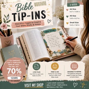 May include: A digital Bible tip-in template set featuring three sizes: A4 (8.27 x 11.69 in), A5 (5.83 x 8.27 in), and small (5.42 x 7.82 in). The set includes printable PDF files for journaling, sermon notes, and Bible study, with a 70% discount offer.
