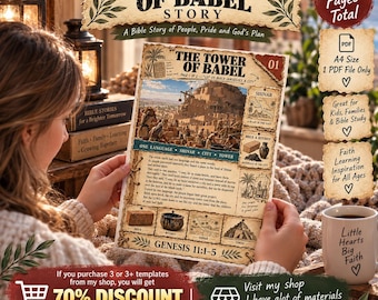 Può includere: Un documento PDF A4 stampabile intitolato The Tower of Babel Story, che presenta un'illustrazione centrale di un antico cantiere, mappe storiche e il testo descrittivo di Genesi 11:1-5 su una pagina con sfondo beige.