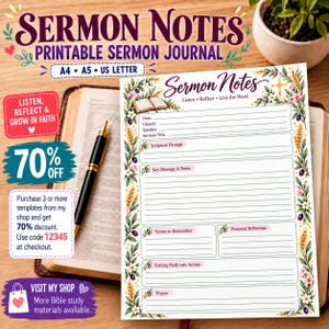 May include: A printable sermon notes journal page featuring a floral and wheat border, a gold cross, and sections for date, church, speaker, sermon title, scripture passage, key message, verses to remember, personal reflection, and prayer.