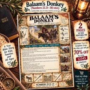 May include: A printable A4 educational document titled Balaam's Donkey, featuring the Bible story from Numbers 22:21-38. The page includes illustrations of a person riding a donkey, an angel with a sword, and text detailing the narrative.