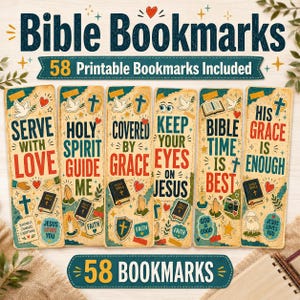 May include: A collection of six rectangular paper bookmarks featuring religious themes, illustrations of doves, crosses, and bibles, with text including 'Serve with Love', 'Holy Spirit Guide Me', 'Covered by Grace', 'Keep Your Eyes on Jesus', and 'His Grace is Enough'.