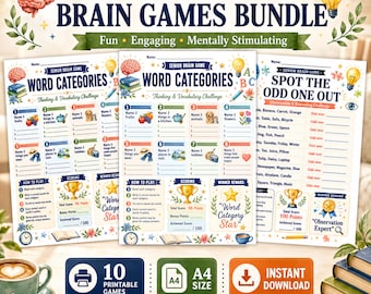Può includere: Un set di giochi cerebrali per anziani con fogli di attività stampabili per giochi di categorie di parole e trova l'intruso. Le pagine includono illustrazioni colorate di cervelli, lampadine e fiori, con istruzioni chiare, sezioni di punteggio ed etichette A4.