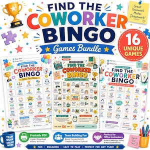 Puede incluir: Un paquete de juegos Coworker Bingo que incluye tres hojas de actividades imprimibles distintas con gráficos coloridos, como un trofeo, piezas de rompecabezas e iconos de oficina. El texto dice Find The Coworker Bingo Games Bundle y Great Teamwork Makes Dreamwork.
