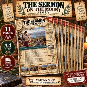 May include: A set of 11 A4-sized printable pages titled The Sermon on the Mount Story, featuring illustrations of Jesus teaching on a mountain, biblical text from Matthew 5-7, and descriptive sections on the mountain, salt of the earth, and kingdom of heaven.