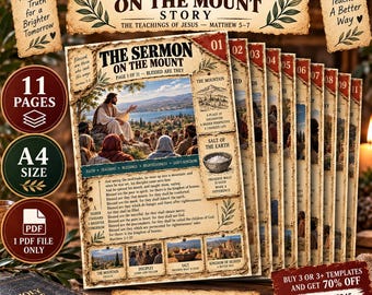 Può includere: Un set di 11 pagine in formato A4 intitolate The Sermon on the Mount Story, con illustrazioni di Gesù che insegna su una montagna, testi biblici tratti da Matteo 5-7 e sezioni descrittive sulla montagna, il sale della terra e il regno dei cieli.