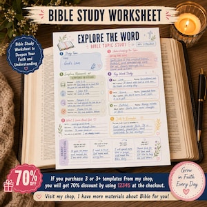 Puede incluir: Una hoja de trabajo de estudio bíblico titulada Explore the Word con secciones para estudio de temas, investigación de escrituras, estudio de palabras clave y reflexión. La página presenta notas escritas a mano en tinta azul e ilustraciones.