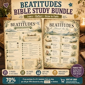 May include: A Beatitudes Bible Study Bundle featuring two printed sheets with vintage-style illustrations of doves, mountains, and floral accents. The text includes The Beatitudes, Teacher Lesson Plan, and Blessed Are the, with scripture references.