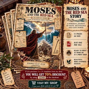 May include: A printed document titled Moses and the Red Sea, The Book of Exodus, featuring an illustration of a figure with a staff parting the sea. The page includes maps, text, and decorative elements on parchment-style paper with an 11-page A4 format.