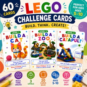 May include: A set of 60 LEGO challenge cards featuring three levels of building tasks. The cards display colorful illustrations of a cat, a zoo, and a catapult built from bricks, with text prompts like Build a Cat, Build a Zoo, and Build a Catapult.