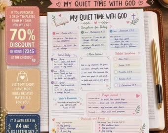 Puede incluir: Una hoja imprimible de estudio bíblico titulada My Quiet Time With God con secciones para escrituras, estudio de palabras, lección principal, diario de oración y gratitud, decorada con motivos florales en tonos pastel.