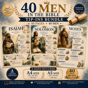 Könnte beinhalten: Ein digitales Paket mit dem Titel 40 Men in the Bible Tip-Ins Bundle mit drei Beispielseiten für Jesaja, Salomo und Mose. Die Seiten enthalten historische Fakten, Zeitlinien, Reflexionsfragen und Gebete. A4- und A5-Formate sind enthalten.