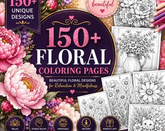 Può includere: Un libro da colorare floreale con oltre 150 disegni unici, incluse pagine con bouquet in vasi e gatti tra i fiori. La copertina mostra il testo 150+ UNIQUE DESIGNS, 150+ FLORAL COLORING PAGES, COLOR YOUR WORLD beautiful e Unwind. Relax. Create. Bloom. with Creativity.