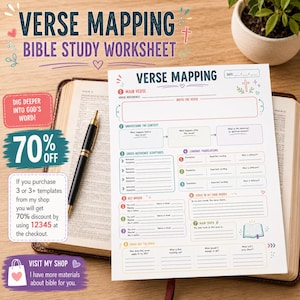 May include: A white paper verse mapping Bible study worksheet with colorful headers and sections for main verse, context, cross-references, translations, key words, personal interpretation, and application, resting on an open Bible with a black pen.