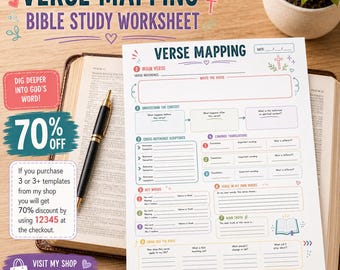 May include: A white paper verse mapping Bible study worksheet with colorful headers and sections for main verse, context, cross-references, translations, key words, personal interpretation, and application, resting on an open Bible with a black pen.