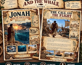 Può includere: Un libro di storie digitale stampabile intitolato Jonah and the Whale composto da 11 pagine in formato A4. Le pagine includono illustrazioni di Giona, una grande balena, navi e città antiche, accompagnate da testo descrittivo e mappe.