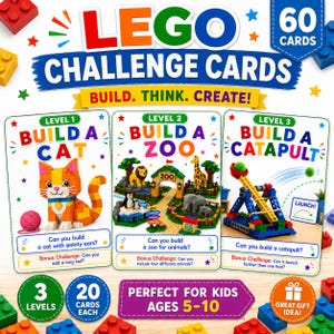 May include: A set of 60 LEGO challenge cards featuring three levels of building tasks. The cards display colorful illustrations of a cat, a zoo, and a catapult, with text prompts like Build a Cat, Build a Zoo, and Build a Catapult for kids.