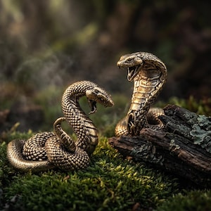 Statuetta di serpente in ottone massiccio / Statua realistica di cobra e pitone da compagnia / Antistress da scrivania / Decorazione per altare stregonesco / Regalo a tema serpente