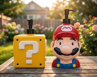 Leuke retro gamer zeepdispenser | Mystery Block en rode pompfles voor loodgieter | Videogame badkamerdecoratie voor kinderen | Geeky keukenaccessoires