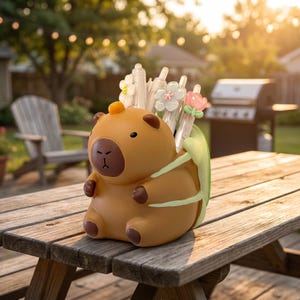 May include: A brown capybara-shaped desk organiser with a dark brown nose and feet, featuring a light green leaf-shaped back. The organiser holds several pens topped with white, light blue, and pink flower-shaped decorative accents.