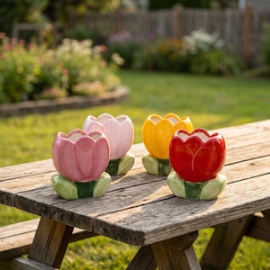 Puede incluir: Cuatro maceteros de cerámica con forma de flores de tulipán en tonos rosa, rosa claro, amarillo y rojo. Cada macetero presenta un acabado brillante con bases en forma de hoja verde, dispuestos en grupo sobre una superficie de madera desgastada.