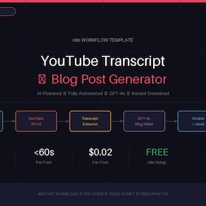 May include: Dark background with a workflow diagram for a YouTube Transcript Blog Post Generator. The graphic includes text such as "YouTube Transcript" and "Blog Post Generator". The diagram shows the process with various steps and icons.
