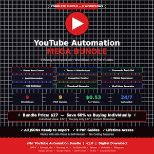 Può includere: Grafica digitale che promuove un mega pacchetto di automazione YouTube. L'immagine presenta un logo con il pulsante di riproduzione rosso, il testo "YouTube Automation MEGA BUNDLE" e dettagli sui flussi di lavoro e sulle guide.