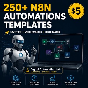 Paquete de automatización de flujos de trabajo n8n+ / Plantillas para IA, redes sociales, correo electrónico, Etsy y Shopify / Descarga instantánea / Guía para principiantes incluida