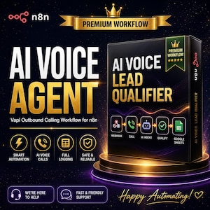 May include: A black box labeled AI VOICE LEAD QUALIFIER sits on a gold pedestal. The box features a workflow diagram with icons for webhook, call, AI agent, qualify, and Google Sheets. Text includes n8n, Premium Workflow, and Smart Automation.