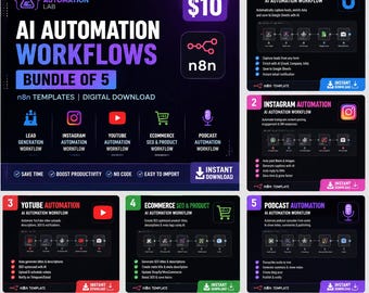 Könnte beinhalten: Ein digitaler Download-Bundle mit fünf n8n KI-Automatisierungs-Workflow-Vorlagen. Die Grafik enthält Text wie Digital Automation Lab, AI Automation Workflows sowie spezifische Workflow-Titel für Lead-Generierung, Instagram, YouTube, E-Commerce und Podcasts.