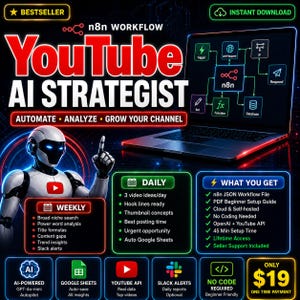 YouTube AI Strategist n8n Workflow | AI Video Ideas Daily | No-Code Automation | Google Sheets | Instant Download JSON + User Guide