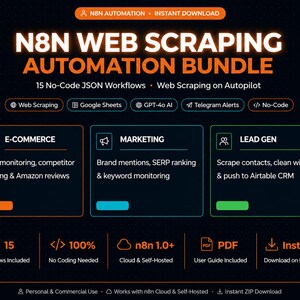 N8N-mallar för automatisering av webbskrapning | 15 kodfria JSON-arbetsflöden | Dataextraktionspaket direkt nedladdning
