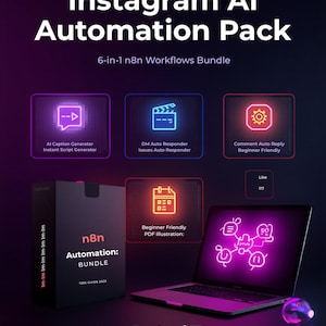 Paquete de automatización con IA para Instagram: 6 flujos de trabajo n8n con archivos PDF para descargas digitales.