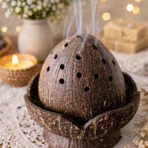 May include: A dark brown coconut shell incense burner featuring a dome-shaped top with multiple circular ventilation holes and a matching petal-shaped base. Thin wisps of white smoke rise from the top of the textured, organic-looking shell.