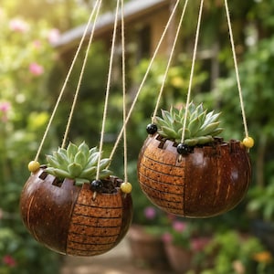 May include: Two hanging planters crafted from dark brown coconut shells, each containing a green succulent plant. The shells feature a textured, horizontal-lined pattern and are suspended by thin twine cords accented with small yellow and black beads.