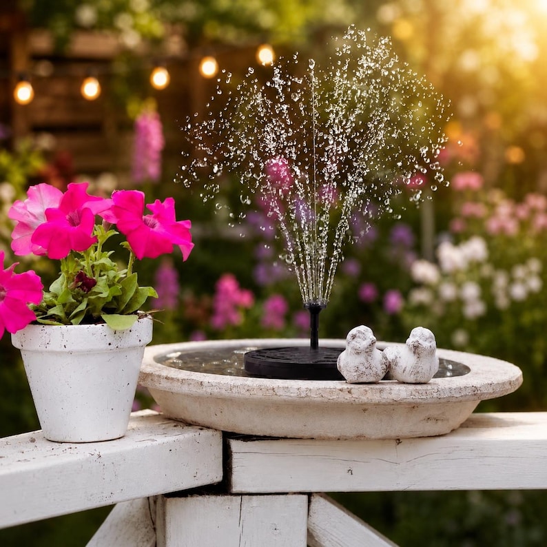 May include: A solar-powered water fountain with a black circular base and a central spray nozzle, featuring two small white bird figurines on the rim of a shallow, light-colored stone basin, accompanied by a white pot filled with bright pink flowers.