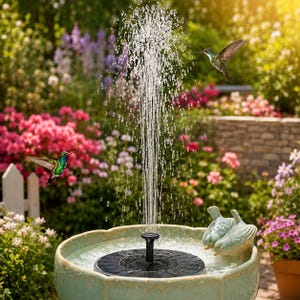 May include: A round, light green ceramic birdbath basin featuring a central black solar-powered water fountain pump that sprays a vertical stream of water. Two small, light green ceramic bird figurines are perched on the rim of the basin.