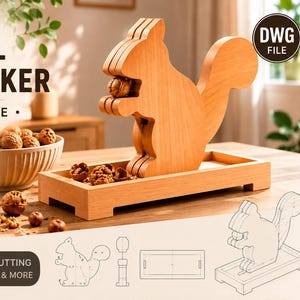 May include: A digital download laser cut file for a squirrel nutcracker, featuring a light wood squirrel silhouette holding a nut, mounted on a rectangular base. The design includes technical line drawings and text: SQUIRREL NUTCRACKER.