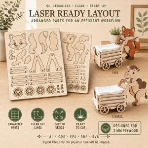 Pode incluir: Ficheiros digitais de layout prontos para laser em contraplacado de 3 mm com dois kits de carrinhos de animais em madeira. O conjunto inclui folhas planas com pe&ccedil;as recortadas para uma raposa e um camelo, e carrinhos montados.