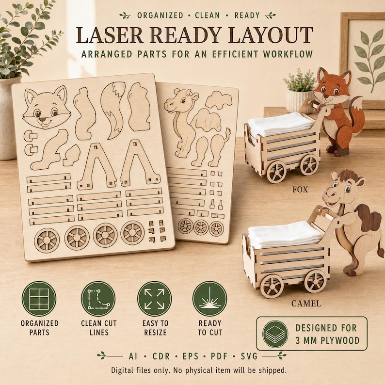Pode incluir: Ficheiros digitais de layout prontos para laser em contraplacado de 3 mm com dois kits de carrinhos de animais em madeira. O conjunto inclui folhas planas com pe&ccedil;as recortadas para uma raposa e um camelo, e carrinhos montados.