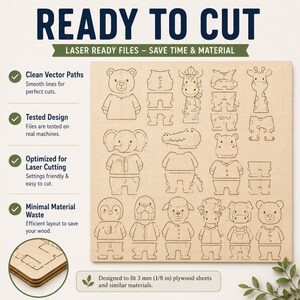 May include: A digital file set titled READY TO CUT LASER READY FILES featuring vector outlines of various animals including a bear, giraffe, elephant, and penguin. The design is optimized for 3 mm (1/8 in) plywood sheets with clean paths.