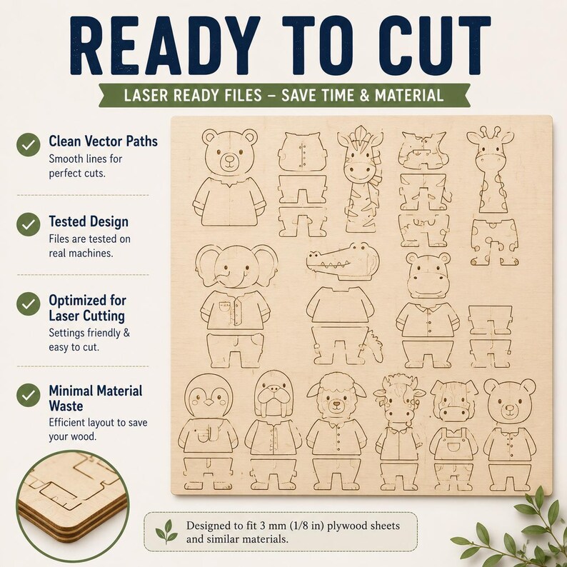 May include: A digital file set titled READY TO CUT LASER READY FILES featuring vector outlines of various animals including a bear, giraffe, elephant, and penguin. The design is optimized for 3 mm (1/8 in) plywood sheets with clean paths.